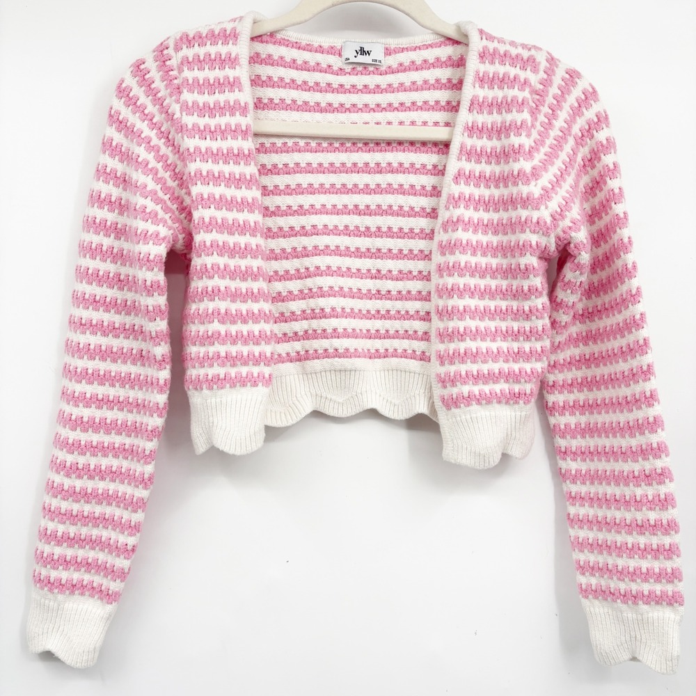 YLLW Womens Pink White Striped Textured Coquette Cropped Cardigan Sweater XS